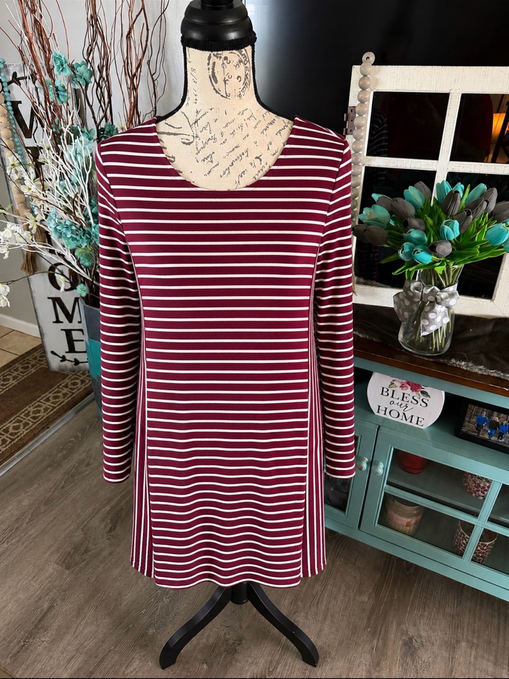 Old Navy Burgundy and White Striped Long-Sleeve Tunic Medium